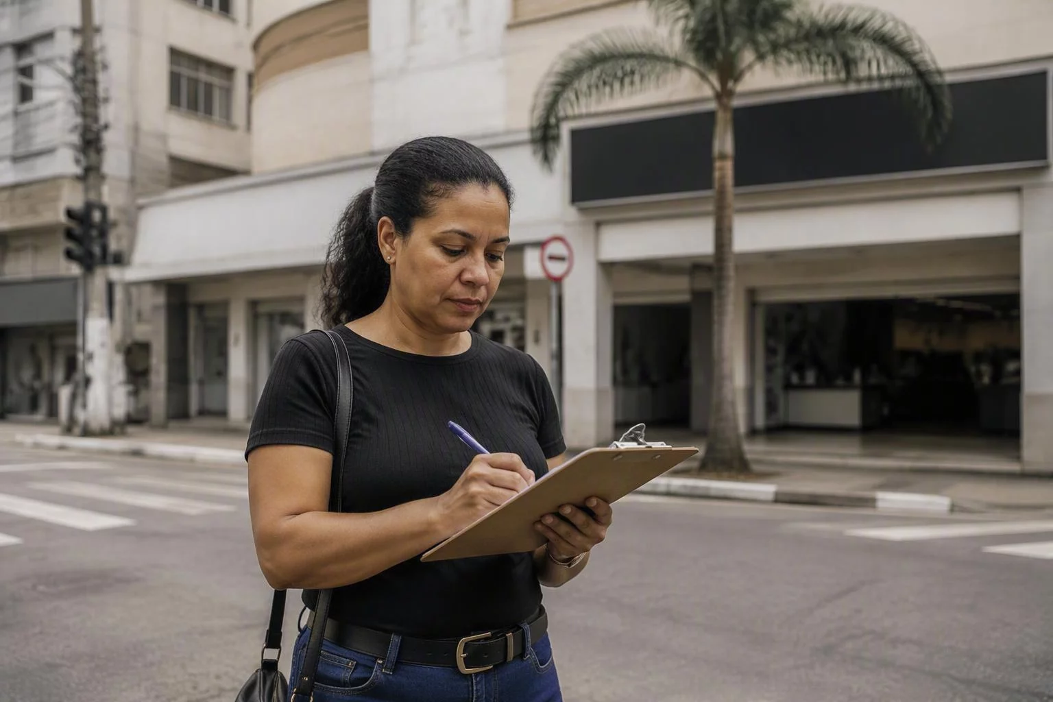 Consultora anotando o movimento da calçada diante de uma esquina comercial