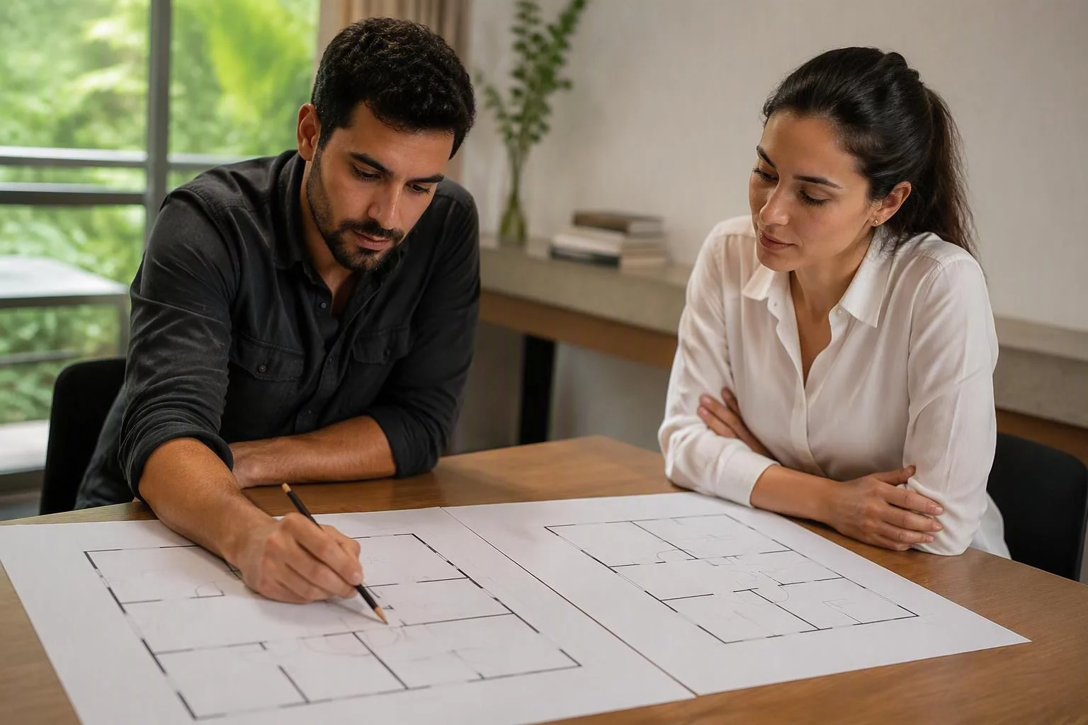Duas pessoas comparando plantas de imóveis sobre a mesa de reunião