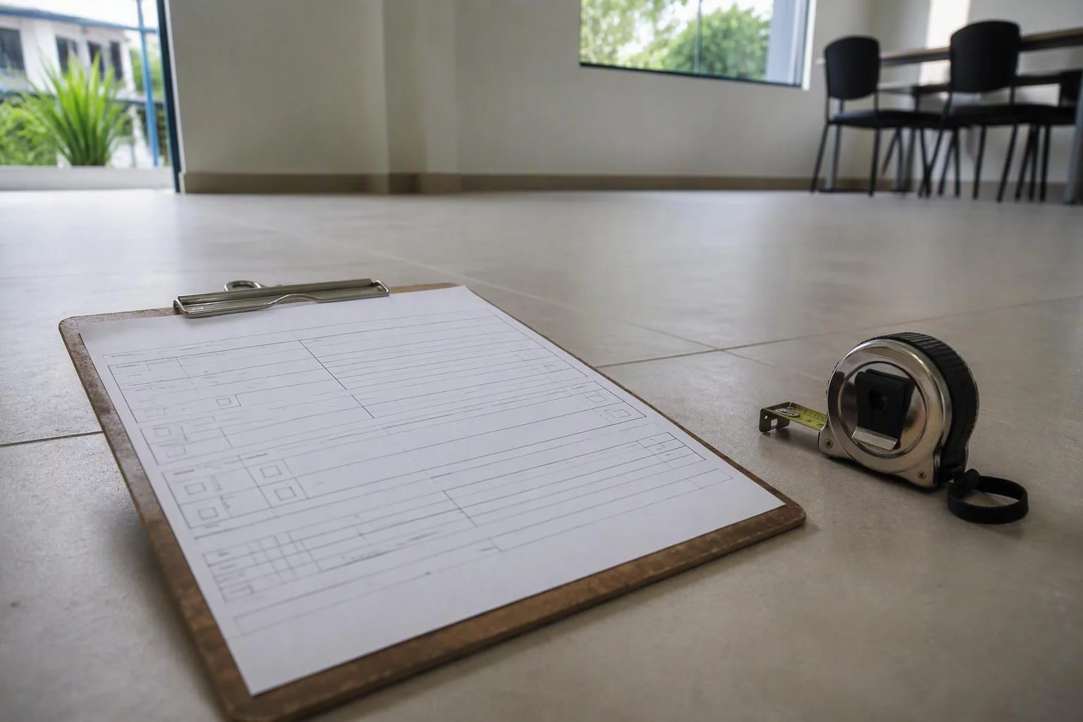 Ficha de vistoria de imóvel presa em prancheta ao lado de trena
