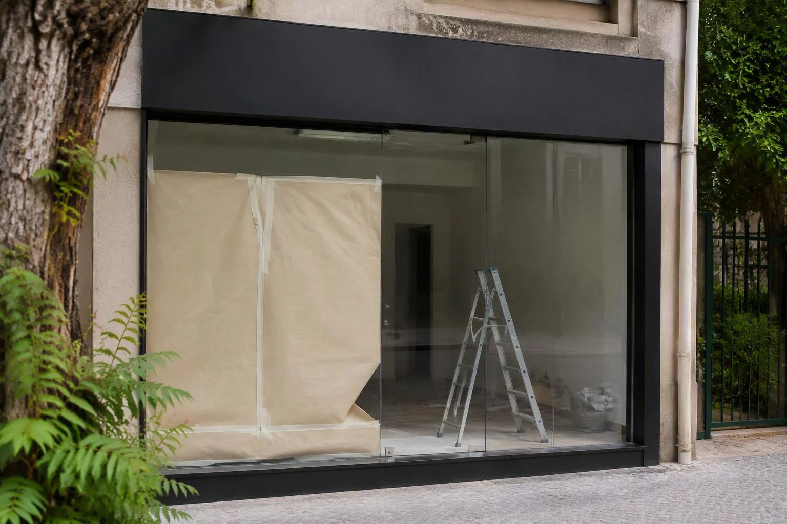 Vitrine vazia de um salão em reforma, vista da calçada